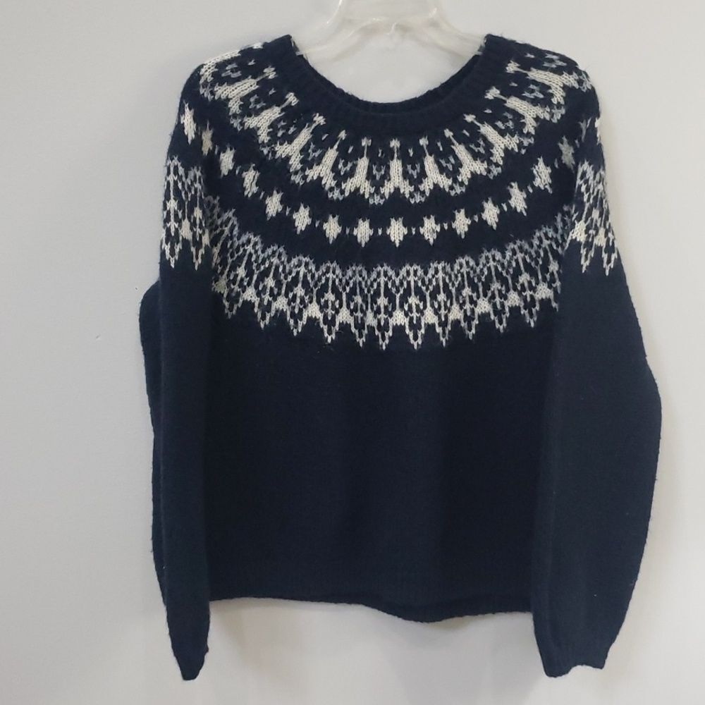 Old Navy Sweater Womens L Navy and White Fair Isle Alpine Nordic Soft Cozy Cabin